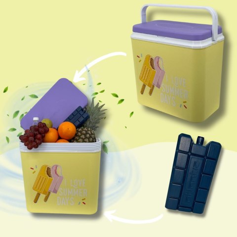 Lodówka turystyczna 24L Kamai Coolbox na wkłady mrożące, żółta z nadrukiem lodów, fioletowa pokrywa i biała rączka