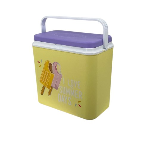 Lodówka turystyczna 24L Kamai Coolbox na wkłady mrożące, żółta z nadrukiem lodów, fioletowa pokrywa i biała rączka