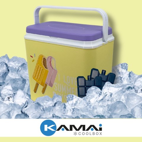 Lodówka turystyczna 24L Kamai Coolbox na wkłady mrożące, żółta z nadrukiem lodów, fioletowa pokrywa i biała rączka