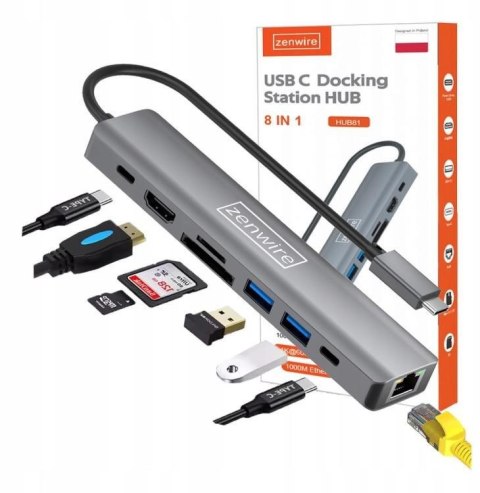 HUB USB-C Przejściówka ADAPTER 8w1 HDMI 2.0 4K 60 Hz Gigabit Ethernet 1000 Mbps Zenwire HUB81 Zenwire