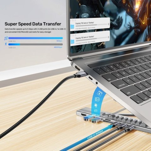 UNITEK PODSTAWKA POD LAPTOP REGULOWANA + HUB USB-C/A, HDMI 2.0, PD 100W UNITEK