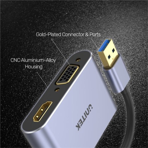 UNITEK V1304A adapter kablowy 0,15 m USB Typu-A HDMI + VGA (D-Sub) Szary UNITEK