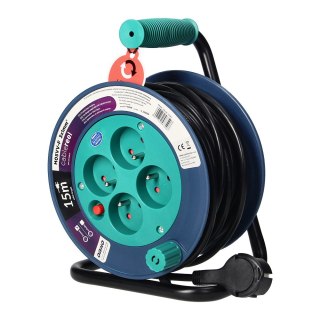 Przedłużacz bębnowy MINI, 4 gniazda 2P+Z, metalowy stojak, polwinit H05VV-F 3x1mm-, długość 15m, turkusowy Orno