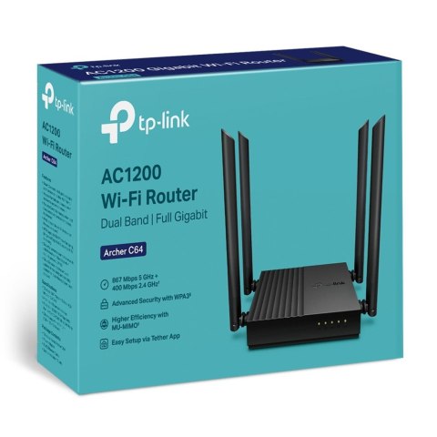 Router TP-LINK Archer C64 Obsługa standardu Wi-Fi 802.11ac Wave2 - 867 Mb/s w paśmie 5 GHz i 400 Mb/s w paśmie 2,4 GHz†. TP-LINK