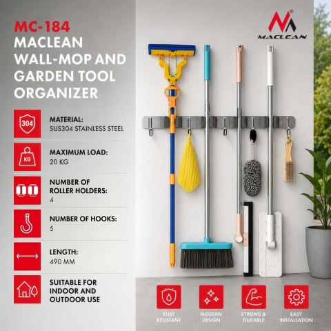 MACLEAN ŚCIENNY ORGANIZER NA NARZĘDZIA OGRODOWE ORAZ MOPY, STALOWY, Z HACZYKAMI, MAX. OBCIĄŻENIE 20KG, SZEROKOŚĆ 49CM MC-184 Maclean