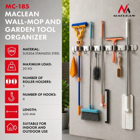 MACLEAN ŚCIENNY ORGANIZER NA NARZĘDZIA OGRODOWE ORAZ MOPY, STALOWY, Z HACZYKAMI, MAX. OBCIĄŻENIE 20KG, SZEROKOŚĆ 60CM MC-185 Maclean