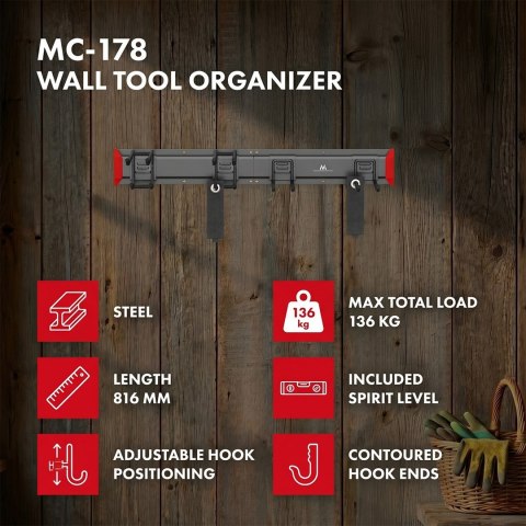 MACLEAN ŚCIENNY ORGANIZER NA NARZĘDZIA STALOWY, MAX. OBCIĄŻENIE 136KG, SZEROKOŚĆ 816MM MC-178 Maclean