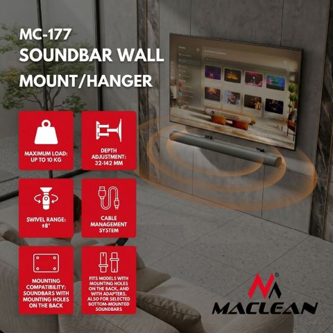 MACLEAN UCHWYT ŚCIENNY NA SOUNDBAR, REG. KĄTA +8°~-8°, MAX. OBCIĄŻENIE 10KG, WYK. ZE STALI MC-177 Ergo office