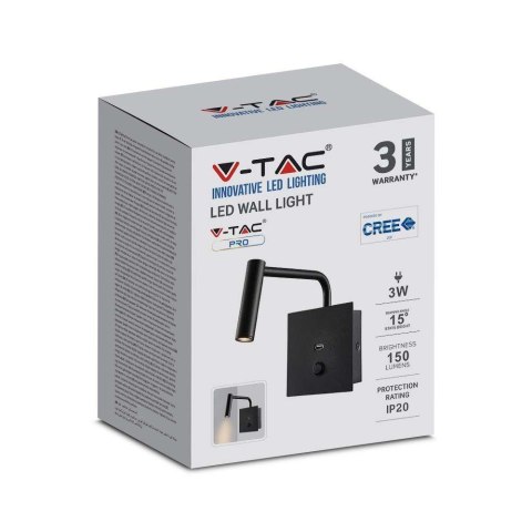 Oprawa LED V-TAC 3W kinkiet hotel łóżko USB włącznik czarny COB CREE VT-2943 3000K 150lm 3 lata gwarancji
