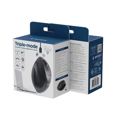 GEMBIRD BEZPRZEWODOWA, ERGONOMICZNA MYSZ TRI MODE (2.4G + BT + USB) 2400 DPI, 9 PRZYCISKÓW, CZARNA GEMBIRD