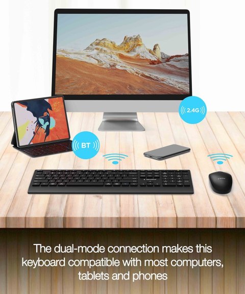 GEMBIRD BEZPRZEWODOWY ZESTAW KLAWIATURY + MYSZ DUAL MODE, 2.4 GHZ + BT, SLIM, UKŁAD RU, KOLOR CZARNY GEMBIRD