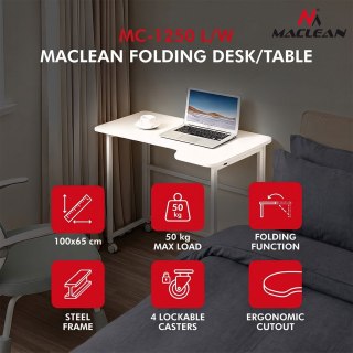 MACLEAN SKŁADANE BIURKO STOLIK Z KÓŁKAMI SKŁADANE BIURKO STOLIK MACLEAN, BIAŁE, MOBILNE, 100X65CM, MAX. 50KG, KĄTOWE, KSZTAŁT Maclean