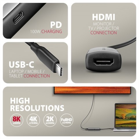 Axagon RVC-HI8KPD, USB-C -> HDMI 2.1 redukce / adaptér, 8K/60Hz, 4K/144Hz, HDR10+, PD100W 0,16 m USB Type-C HDMI + USB Type-C AXAGON