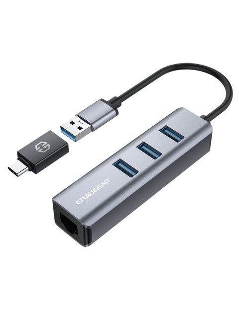 GRAUGEAR USB-HUB 3x porty USB 3.0 Type-A+ Gbit LAN sprzedaż detaliczna GRAUGEAR