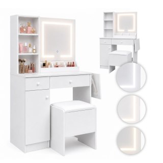 Toaletka kosmetyczna z lustrem i oświetleniem LED 3 barwy składany blat półki szuflady taboret ModernHome ModernHome