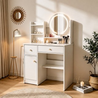 Toaletka kosmetyczna z okrągłym lustrem i oświetleniem LED 3 barwy półki szuflady ModernHome ModernHome