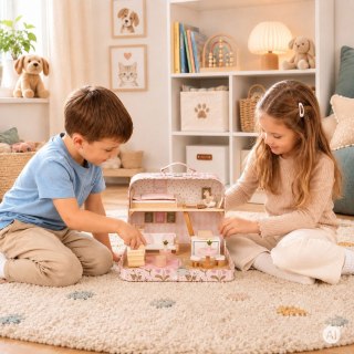 Domek dla lalek w walizce piętrowy drewniane mebelki zestaw 20 akcesoriów ECOTOYS ECOTOYS