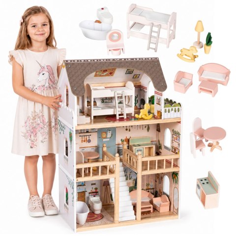 Drewniany domek dla lalek Laura 3 piętra 5 pomieszczeń 15 mebelków ECOTOYS ECOTOYS
