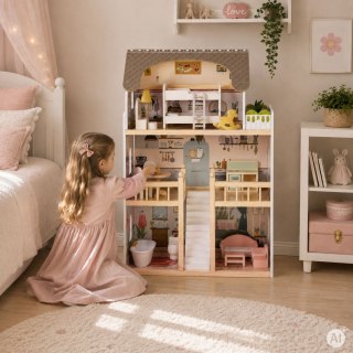 Drewniany domek dla lalek Laura 3 piętra 5 pomieszczeń 15 mebelków ECOTOYS ECOTOYS