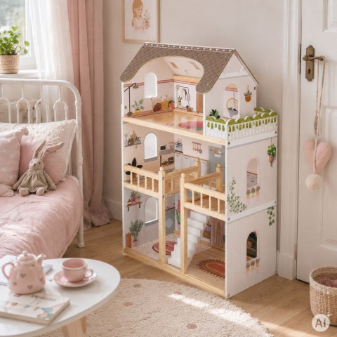 Drewniany domek dla lalek Laura 3 piętra 5 pomieszczeń 15 mebelków ECOTOYS ECOTOYS