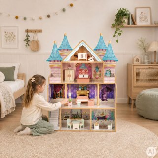 Drewniany domek dla lalek zamek Bella 4 piętra 5 pomieszczeń 15 mebelków ECOTOYS ECOTOYS