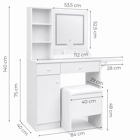 Toaletka kosmetyczna z lustrem i oświetleniem LED 3 barwy składany blat półki szuflady taboret ModernHome ModernHome