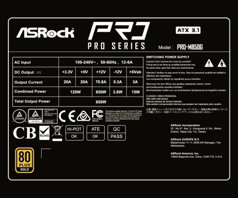 Zasilacz Asrock PRO-M850G 850W 80 PLUS Gold Asrock