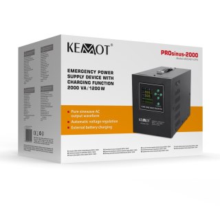 Zasilacz awaryjny KEMOT PROsinus-2000 przetwornica z czystym przebiegiem sinusoidalnym i funkcją ładowania 12V 230V 2000VA/1200W KEMOT