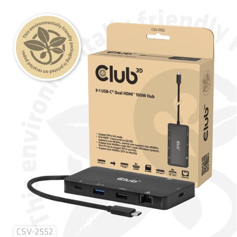 Club3D USB-C 9in1-HUB >2xHDMI/2xUSB/USB-C/LAN 4K60Hz PD100W retail Club 3D