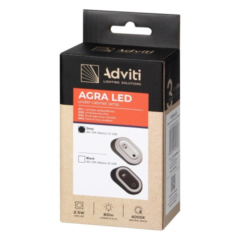 AGRA lampka podszafkowa LED 2,5W, 80lm, 4000K, z włącznikiem bezdotykowym i funkcją ładowania USB A+C, szara Orno