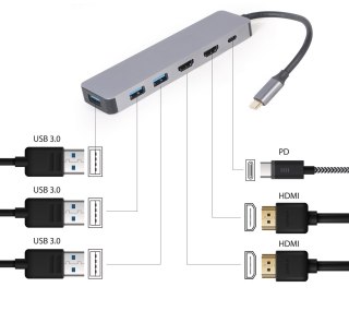 GEMBIRD MULTI ADAPTER USB TYP-C 3W1 SREBRNY HUB USB, HDMI, PD (100W) GEMBIRD