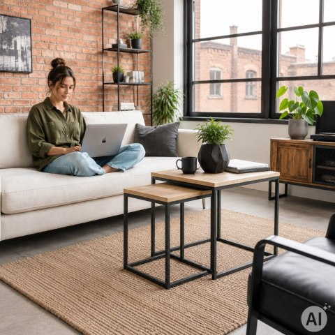 Stoliki kawowe rozkładane kwadratowe zestaw 2w1 jasny dąb loftowe ModernHome ModernHome