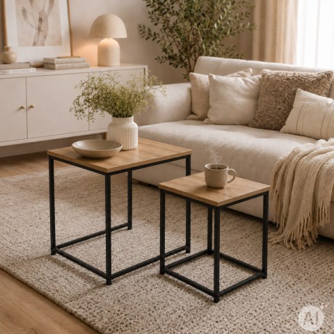Stoliki kawowe rozkładane kwadratowe zestaw 2w1 jasny dąb loftowe ModernHome ModernHome