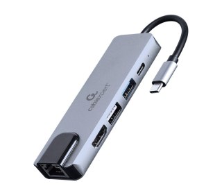 GEMBIRD A-CM-COMBO5-04 MULTI ADAPTER USB TYP-C 5W1 (HUB + HDMI + PD + CZYTNIK KART + LAN) SREBRNY GEMBIRD