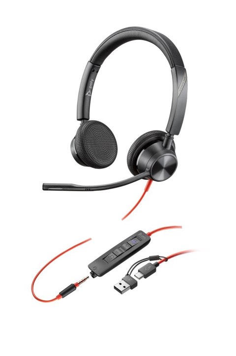 HP Poly Zestaw słuchawkowy stereo Poly Blackwire 3325 USB-C z certyfikatem Microsoft Teams + wtyczka 3,5 mm + przejściówka USB-C POLY