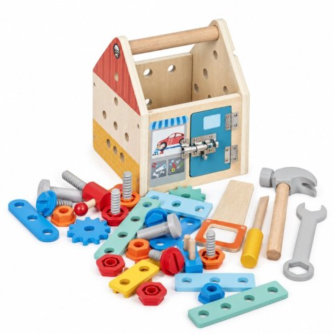 Drewniany domek z narzędziami zestaw majsterkowicza młotek śrubki 32 elementy ECOTOYS