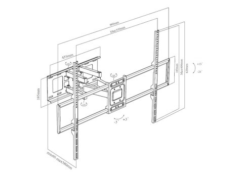 UCHWYT DO TV LED/LCD 50-100" 70KG AR-101 reg. pion/poziom 60-380mm maxVESA 900x600 ART