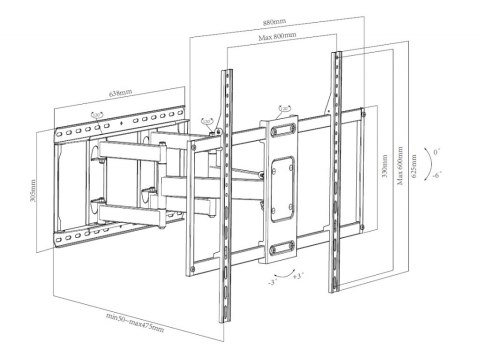 UCHWYT DO TV LED/LCD 50-120" 80KG AR-102 reg. pion/poziom 50-475mm maxVESA 800x600 ART