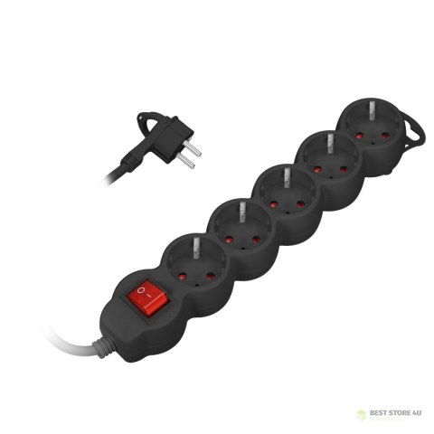 Przedłużacz 5-krotny 2P+Z (Schuko), z wyłącznikiem, 3m H05VV-F 3x1,0mm?, Imax=10A, płaska wtyczka, czarny Przedłużacz 5-krotny 2P+Z (Schuko), z wyłącznikiem, 3m H05VV-F 3x1,0mm?, Imax=10A, płaska wtyczka, czarny
