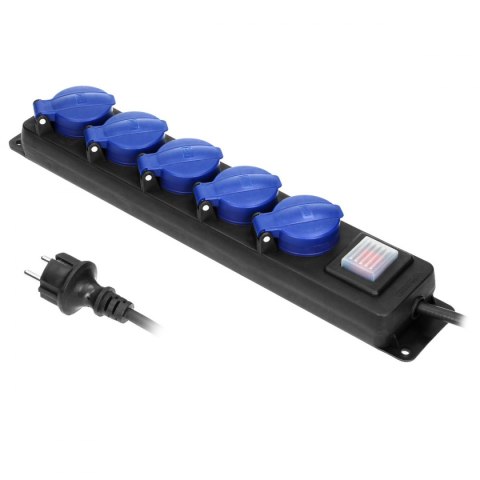 Przedłużacz warsztatowy bryzgoszczelny z wyłącznikiem, 5 gniazd 2P+Z (Schuko), IP44, przewód gumowy, H05RR-F 3x1,5mm?, długość 3