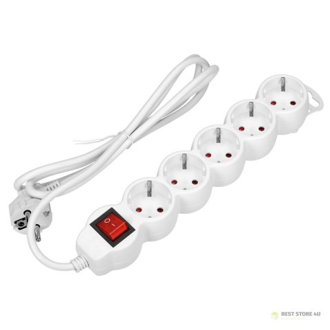Przedłużacz 5-krotny 2P+Z (schuko), z wyłącznikiem, 3m H05VV-F 3x1,0mm?, Imax=10A, biały Przedłużacz 5-krotny 2P+Z (schuko), z wyłącznikiem, 3m H05VV-F 3x1,0mm?, Imax=10A, biały