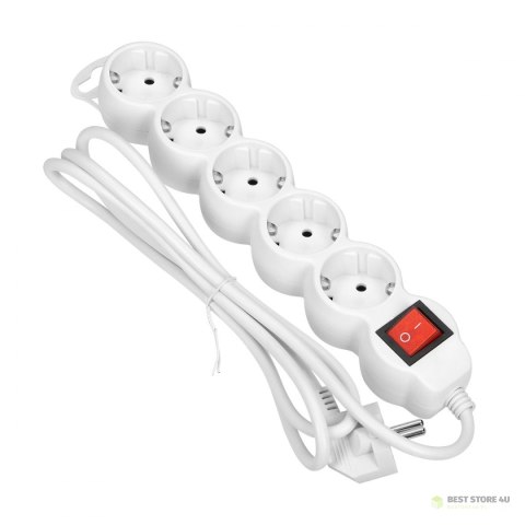 Przedłużacz 5-krotny 2P+Z (schuko), z wyłącznikiem, 3m H05VV-F 3x1,0mm?, Imax=10A, biały Przedłużacz 5-krotny 2P+Z (schuko), z wyłącznikiem, 3m H05VV-F 3x1,0mm?, Imax=10A, biały