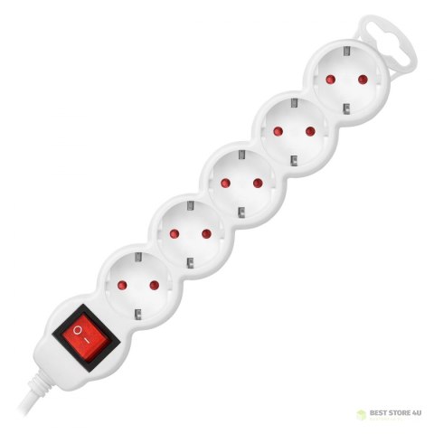 Przedłużacz 5-krotny 2P+Z (schuko), z wyłącznikiem, 3m H05VV-F 3x1,0mm?, Imax=10A, biały Przedłużacz 5-krotny 2P+Z (schuko), z wyłącznikiem, 3m H05VV-F 3x1,0mm?, Imax=10A, biały