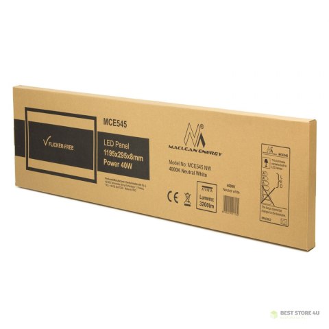 Panel LED Maclean, sufitowy, slim 40W, 3200lm, 1195x295x8mm, barwa neutralna biała (4000K), raster, FLICKER-FREE, MCE545 NW Panel LED Maclean, sufitowy, slim 40W, 3200lm, 1195x295x8mm, barwa neutralna biała (4000K), raster, FLICKER-FREE, MCE545 NW