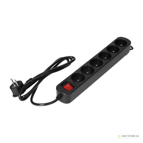 Przedłużacz 6-krotny 2P+Z, z wyłącznikiem, 1,5m H05VV-F 3x1,0mm2, Imax=10A, płaska wtyczka, czarny Przedłużacz 6-krotny 2P+Z, z wyłącznikiem, 1,5m H05VV-F 3x1,0mm2, Imax=10A, płaska wtyczka, czarny