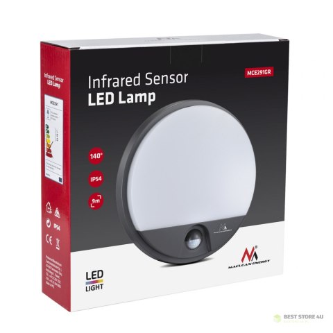 Lampa LED z czujnikiem ruchu Maclean , czujnik ruchu na podczerwień, kolor szary, 15W, IP54, 1100lm, MCE291 GR Lampa LED z czujnikiem ruchu Maclean , czujnik ruchu na podczerwień, kolor szary, 15W, IP54, 1100lm, MCE291 GR