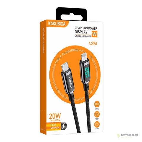 Kabel USB Typ C - Apple Lightning 20W 1,2m Wyświetlacz LED Szybkie Ładowanie i Przesyłanie Danych Kakusiga Digital Display Fast Kabel USB Typ C - Apple Lightning 20W 1,2m Wyświetlacz LED Szybkie Ładowanie i Przesyłanie Danych Kakusiga Digital Display Fast