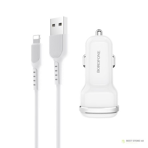 Borofone - ładowarka samochodowa 2x USB kabel Lightning w zestawie, biały Borofone - ładowarka samochodowa 2x USB kabel Lightning w zestawie, biały