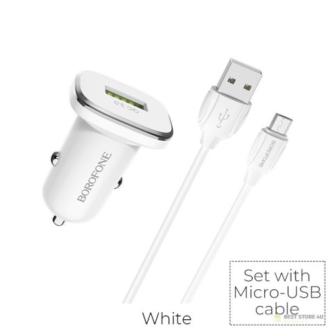 Borofone - ładowarka samochodowa USB z QC3.0 i kablem micro USB w zestawie, biały