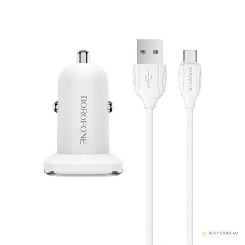 Borofone - ładowarka samochodowa USB z QC3.0 i kablem micro USB w zestawie, biały Borofone - ładowarka samochodowa USB z QC3.0 i kablem micro USB w zestawie, biały